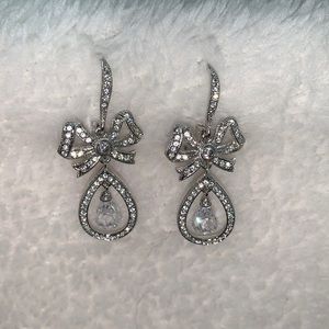 Glamorous Silver Rhinestone Dangle Earrings with Bows